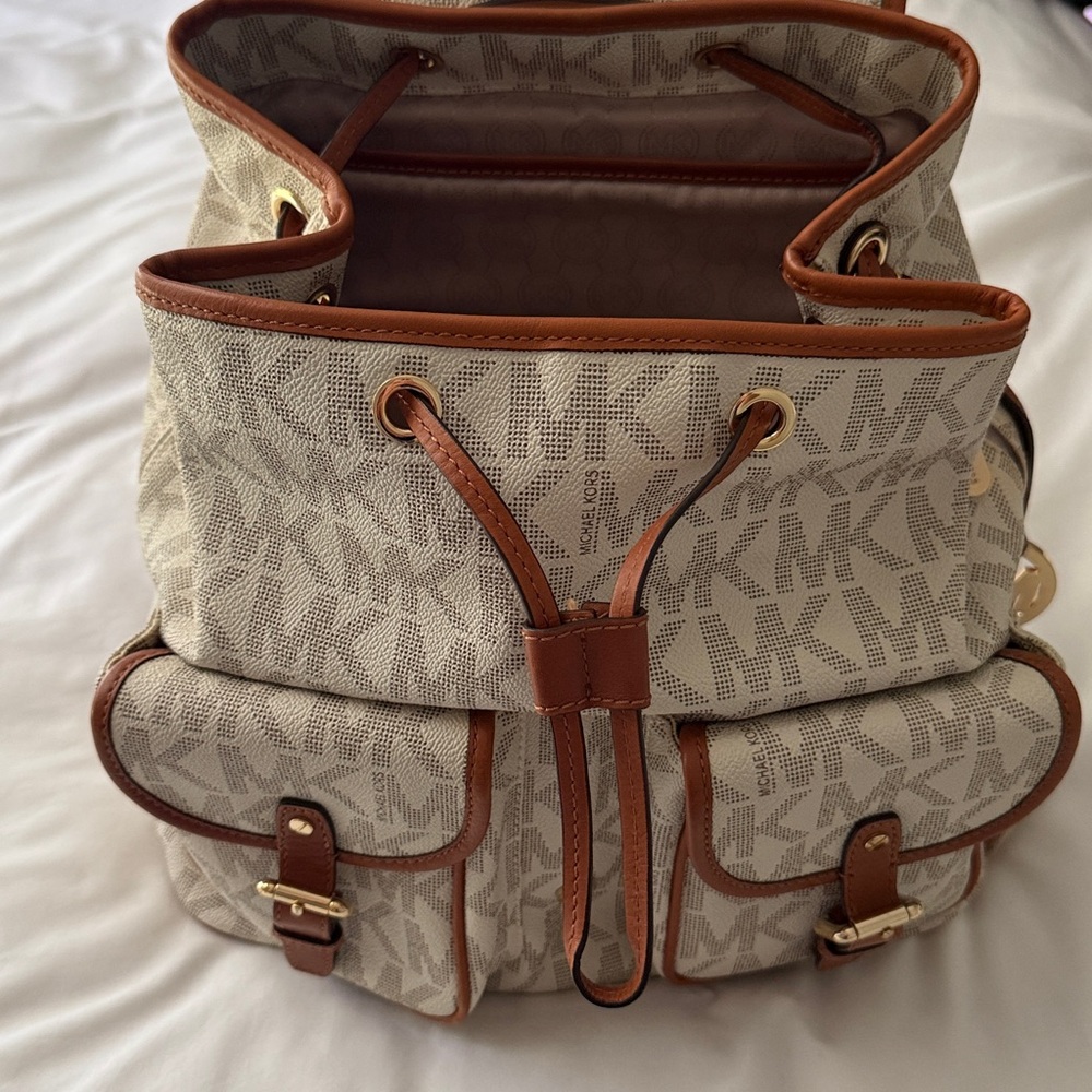 Michael Kors Beige Canvas Backpack with Brown Trim - Picture 3 of 7